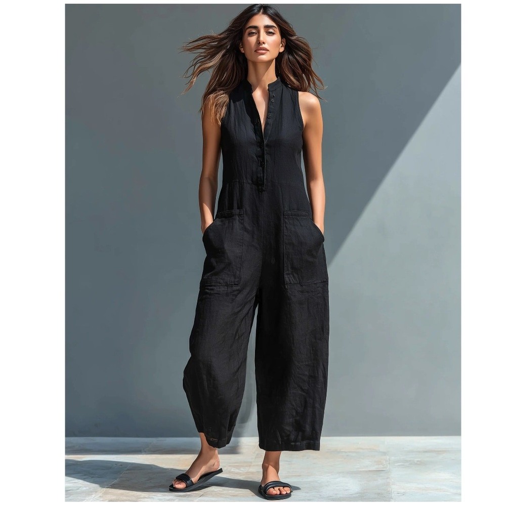 Modesees Black Linen Blend Wide Leg Sleeveless Jumpsuit Mandarin Collar Large